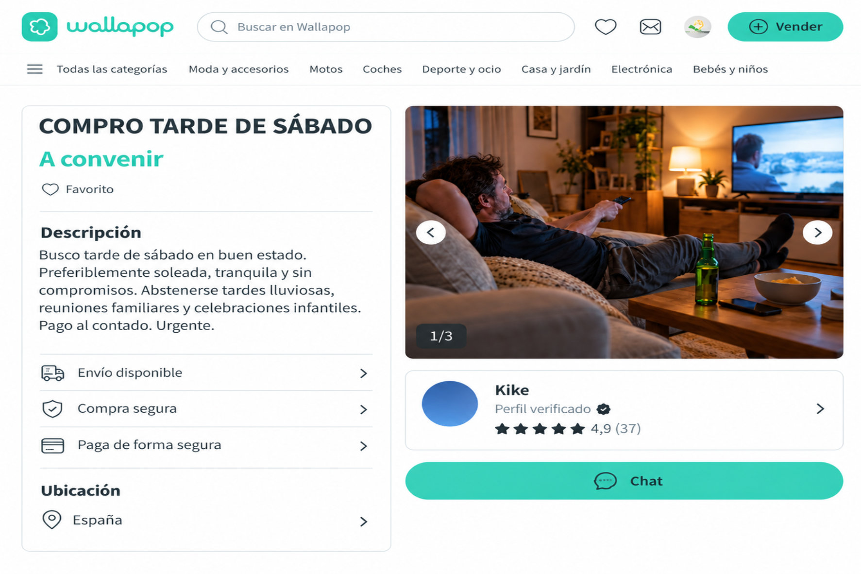 Fotografía de un anuncio de Wallapop de anuncia que alguien compra una tarde de sábado